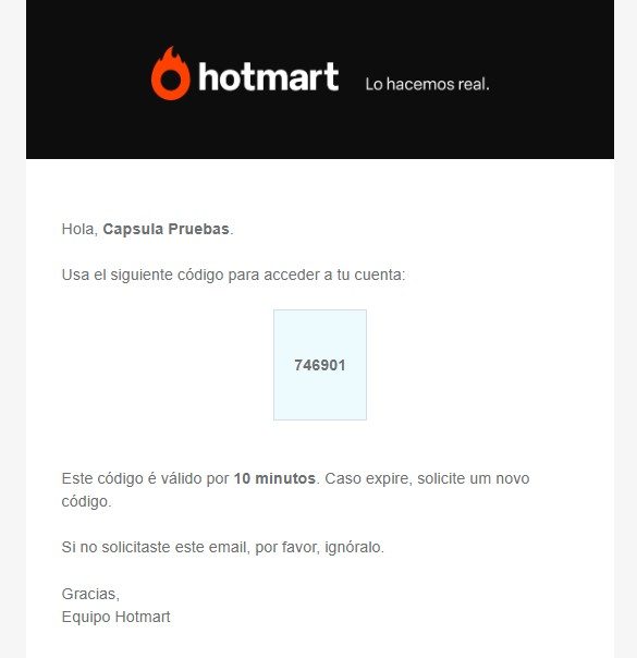 Correo de Hotmart con el código de acceso