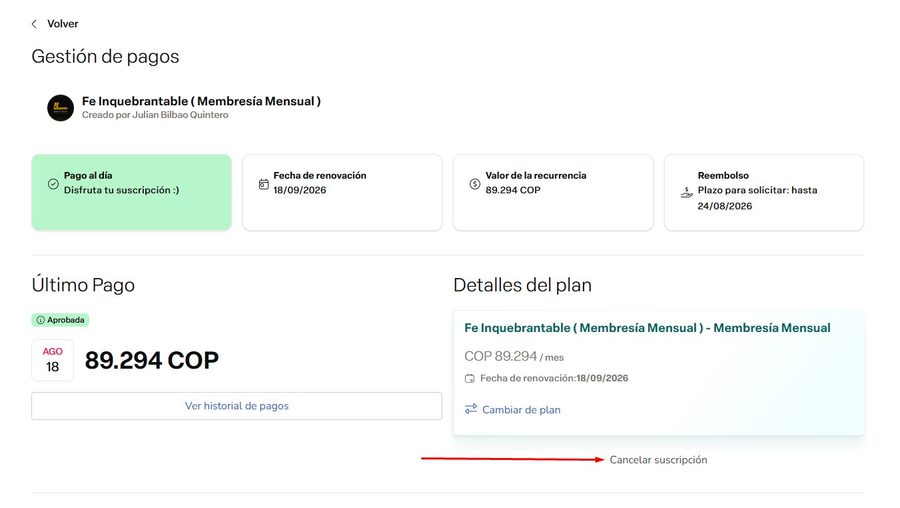 Pantalla de gestión de pagos con el enlace Cancelar suscripción abajo